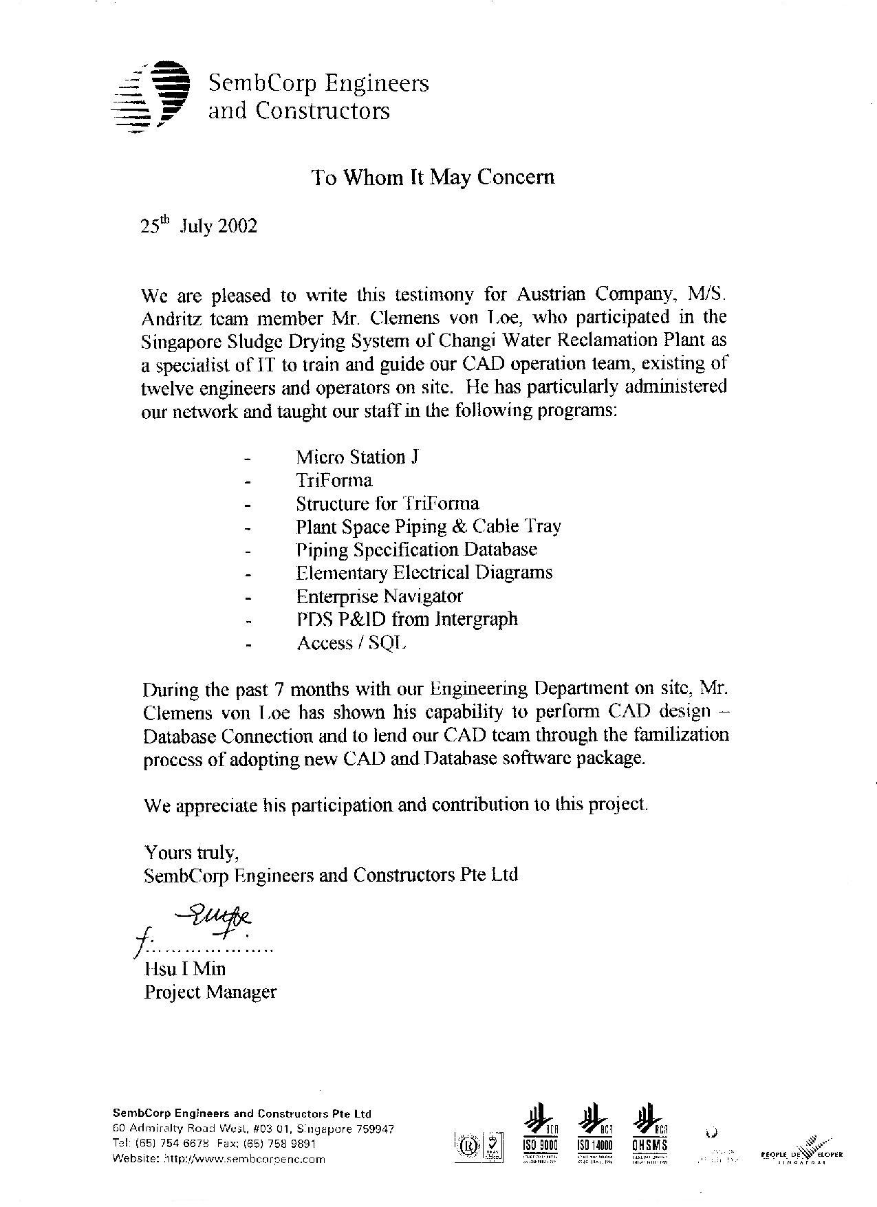 Zeugnis Sembcorp
